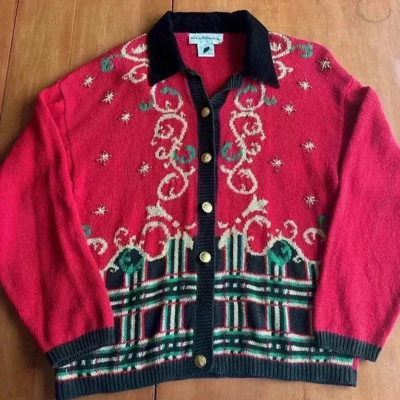 VTG Norton Mcnaughton Christmas Sweater Red Cardigan Gold Accents Women’s Med - Picture 2 of 8